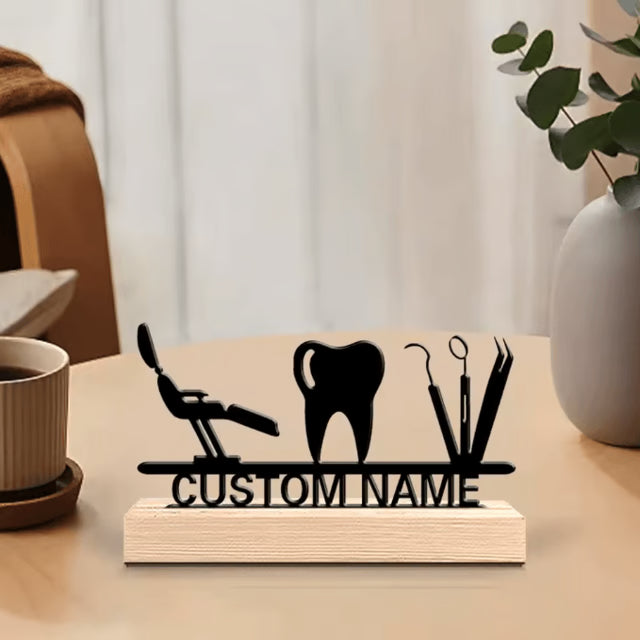 Dentistry Metal Art Sculpture with Wooden Base – Dentist Office Decor